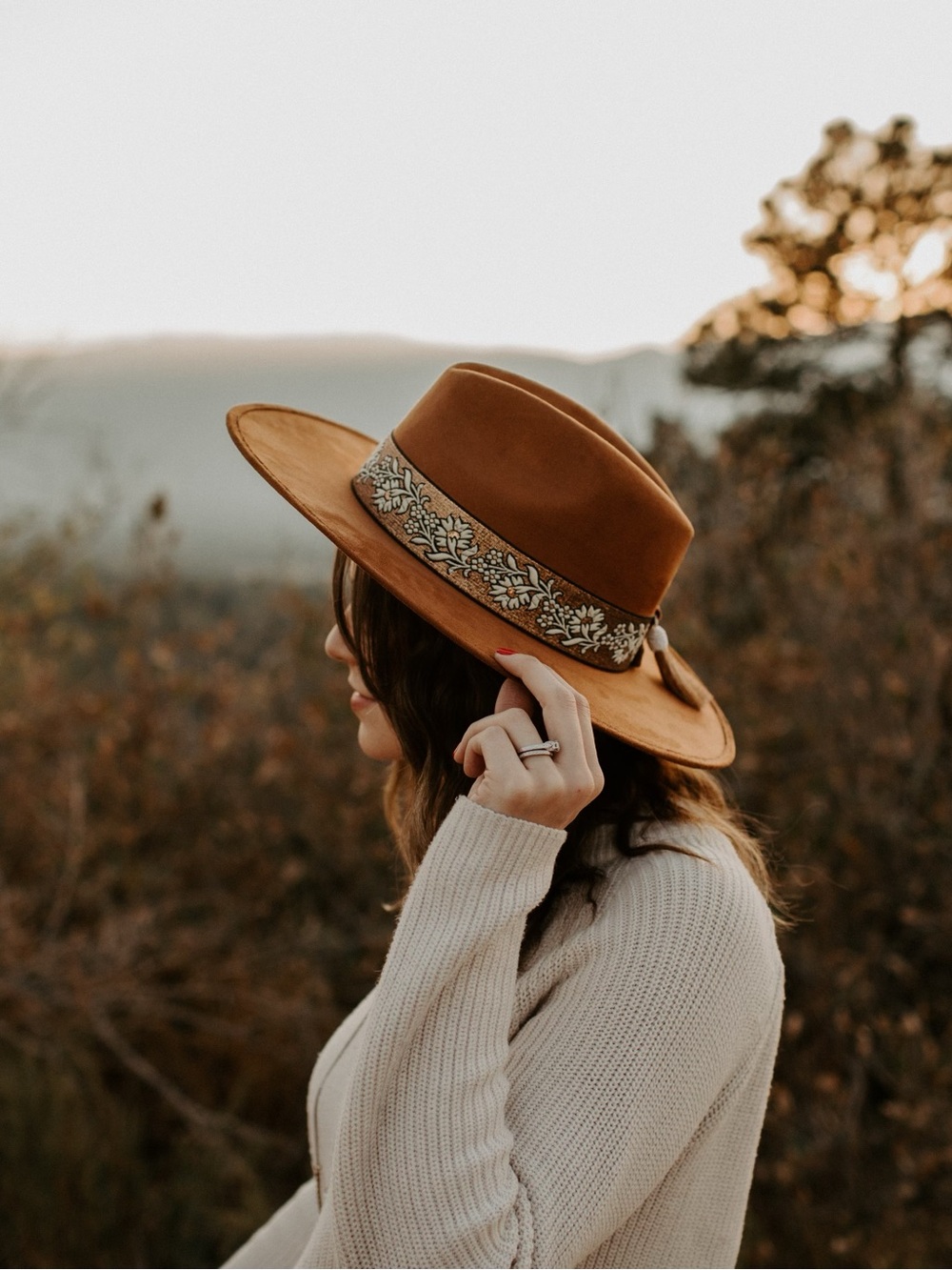 Fedora "Audrey" Sepia - Brown Wide-Brim Suede Fedora with Embroidered Band